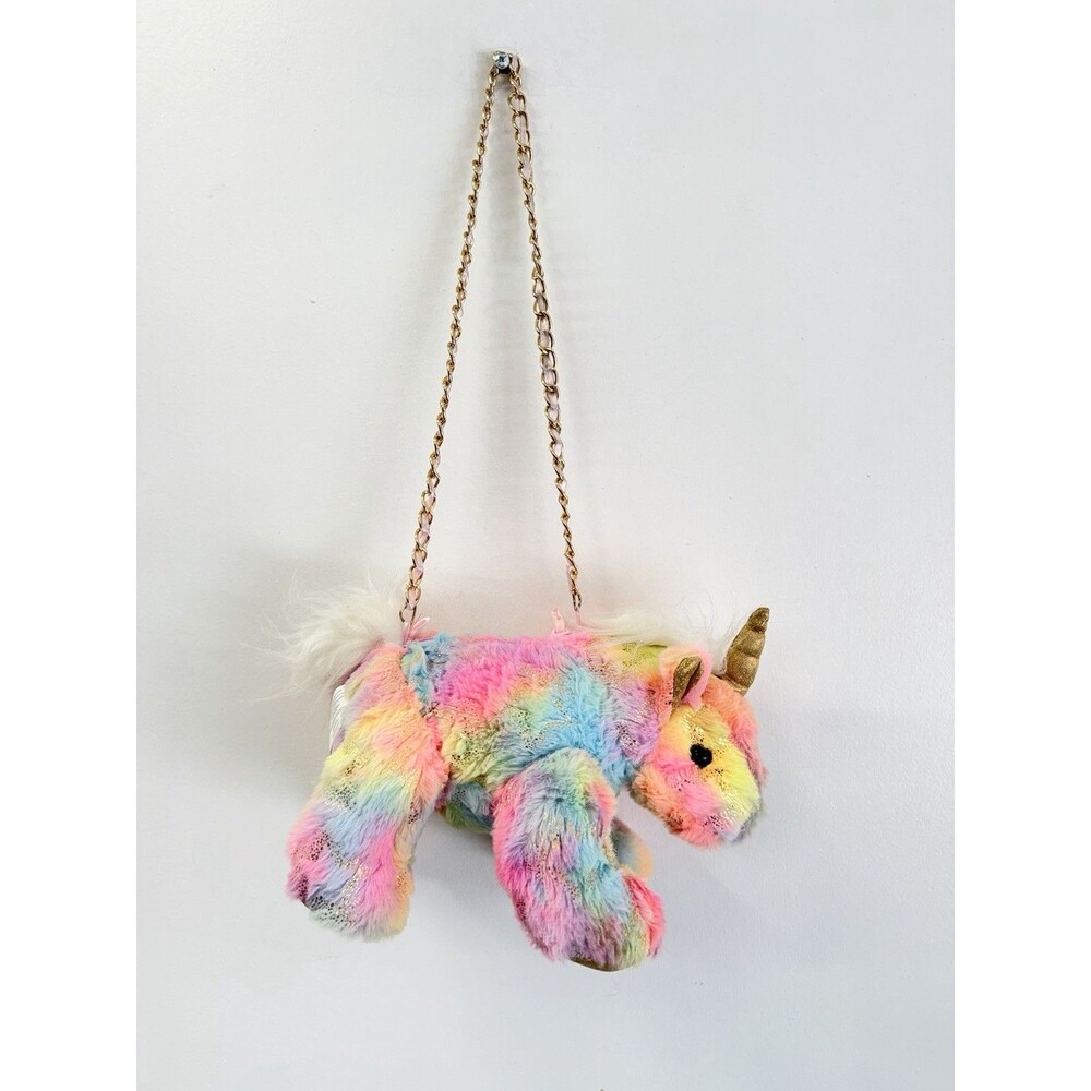 Rainbow Unicorn Plush Purse Kids Faux Fur Crossbody Bag Gold Chain Cute